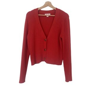 JOE FRESH BRIGHT RED RIBBED CARDIGAN WITH TORTOISE SHELL BUTTONS, LARGE